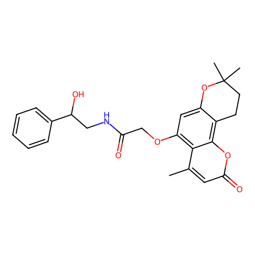 N-(2-hydroxy-2-phenylethyl)-2-((4,8,8-trimethyl-2-oxo-2,8,9,10-tetrahydropyrano[2,3-f]chromen-5-yl)oxy)acetamide structure