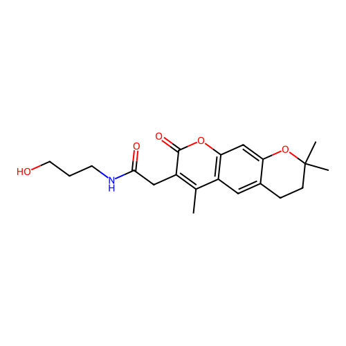 N-(3-hydroxypropyl)-2-(4,8,8-trimethyl-2-oxo-2,6,7,8-tetrahydropyrano[3,2-g]chromen-3-yl)acetamide structure