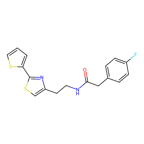 2-(4-fluorophenyl)-N-{2-[2-(thiophen-2-yl)-1,3-thiazol-4-yl]ethyl}acetamide structure