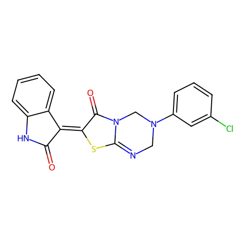 (Z)-3-(3-chlorophenyl)-7-(2-oxoindolin-3-ylidene)-3,4-dihydro-2H-thiazolo[3,2-a][1,3,5]triazin-6(7H)-one structure