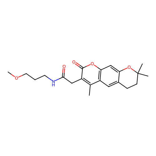 N-(3-methoxypropyl)-2-(4,8,8-trimethyl-2-oxo-2,6,7,8-tetrahydropyrano[3,2-g]chromen-3-yl)acetamide structure