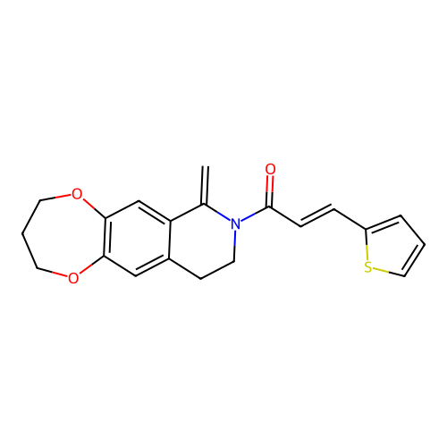 (2E)-1-(7-methylidene-3,4,9,10-tetrahydro-2H-[1,4]dioxepino[2,3-g]isoquinolin-8(7H)-yl)-3-(thiophen-2-yl)prop-2-en-1-one structure
