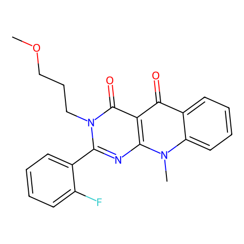 2-(2-fluorophenyl)-3-(3-methoxypropyl)-10-methylpyrimido[4,5-b]quinoline-4,5(3H,10H)-dione structure