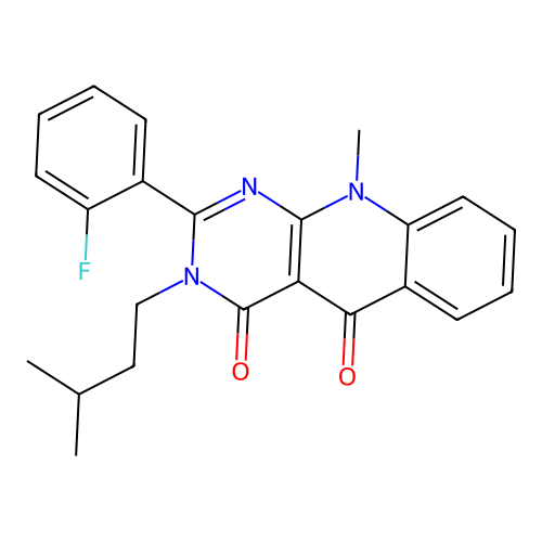2-(2-fluorophenyl)-3-isopentyl-10-methylpyrimido[4,5-b]quinoline-4,5(3H,10H)-dione structure