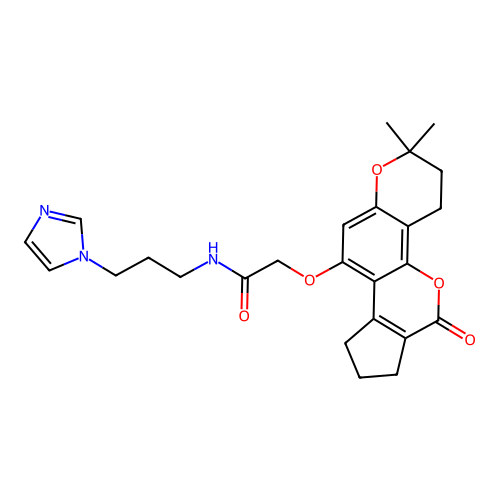 N-(3-(1H-imidazol-1-yl)propyl)-2-((2,2-dimethyl-6-oxo-3,4,6,7,8,9-hexahydro-2H-cyclopenta[c]pyrano[2,3-h]chromen-10-yl)oxy)acetamide structure