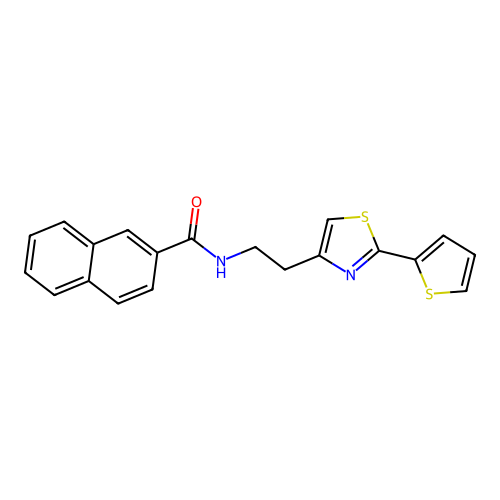 N-{2-[2-(thiophen-2-yl)-1,3-thiazol-4-yl]ethyl}naphthalene-2-carboxamide structure