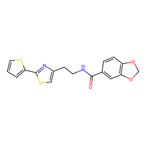 N-{2-[2-(thiophen-2-yl)-1,3-thiazol-4-yl]ethyl}-1,3-benzodioxole-5-carboxamide structure