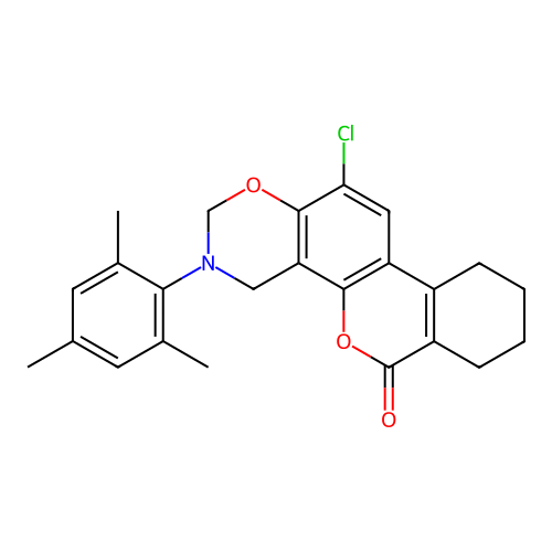 12-chloro-3-mesityl-3,4,7,8,9,10-hexahydrobenzo[3,4]chromeno[8,7-e][1,3]oxazin-6(2H)-one structure