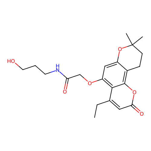 2-((4-ethyl-8,8-dimethyl-2-oxo-2,8,9,10-tetrahydropyrano[2,3-f]chromen-5-yl)oxy)-N-(3-hydroxypropyl)acetamide structure