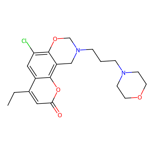 6-chloro-4-ethyl-9-(3-morpholin-4-ylpropyl)-8,10-dihydropyrano[2,3-f][1,3]benzoxazin-2-one structure