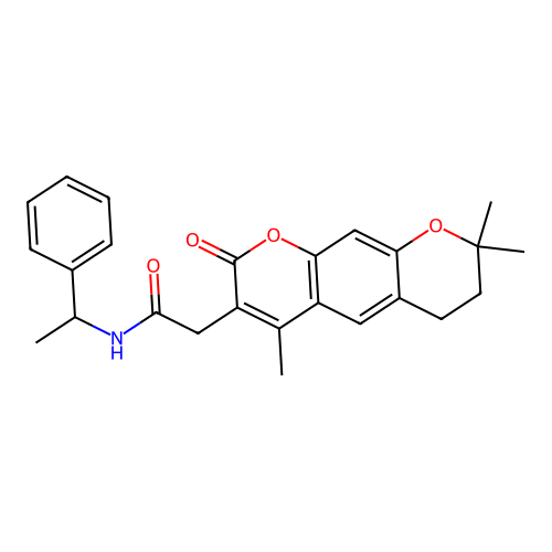 N-(1-phenylethyl)-2-(4,8,8-trimethyl-2-oxo-2,6,7,8-tetrahydropyrano[3,2-g]chromen-3-yl)acetamide structure
