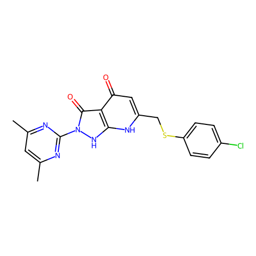 6-(((4-chlorophenyl)thio)methyl)-2-(4,6-dimethylpyrimidin-2-yl)-1H-pyrazolo[3,4-b]pyridine-3,4(2H,7H)-dione structure