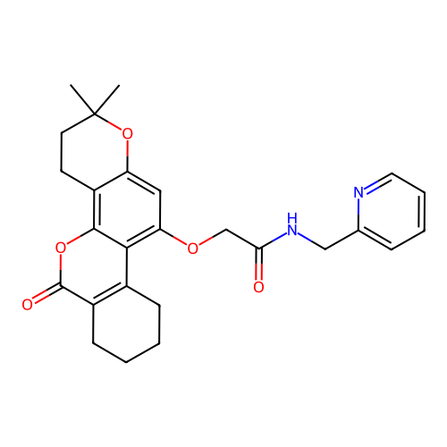 2-((2,2-dimethyl-6-oxo-2,3,4,6,7,8,9,10-octahydrobenzo[c]pyrano[2,3-h]chromen-11-yl)oxy)-N-(pyridin-2-ylmethyl)acetamide structure