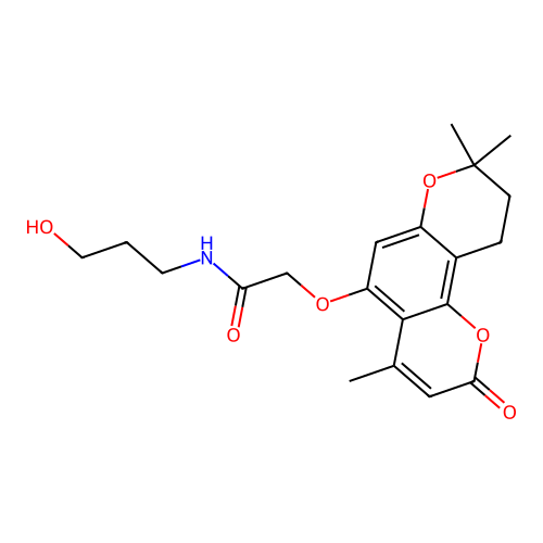 N-(3-hydroxypropyl)-2-((4,8,8-trimethyl-2-oxo-2,8,9,10-tetrahydropyrano[2,3-f]chromen-5-yl)oxy)acetamide structure