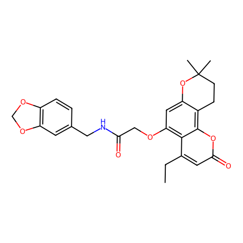 N-(benzo[d][1,3]dioxol-5-ylmethyl)-2-((4-ethyl-8,8-dimethyl-2-oxo-2,8,9,10-tetrahydropyrano[2,3-f]chromen-5-yl)oxy)acetamide structure
