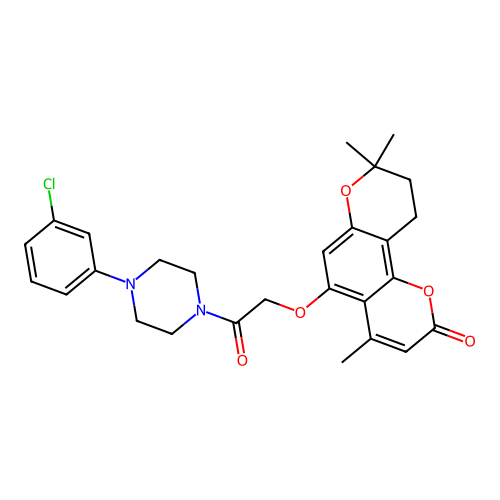 5-(2-(4-(3-chlorophenyl)piperazin-1-yl)-2-oxoethoxy)-4,8,8-trimethyl-9,10-dihydropyrano[2,3-f]chromen-2(8H)-one structure
