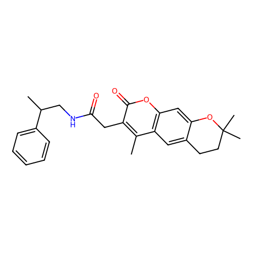 N-(2-phenylpropyl)-2-(4,8,8-trimethyl-2-oxo-2,6,7,8-tetrahydropyrano[3,2-g]chromen-3-yl)acetamide structure