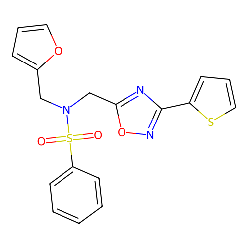 N-(furan-2-ylmethyl)-N-((3-(thiophen-2-yl)-1,2,4-oxadiazol-5-yl)methyl)benzenesulfonamide structure