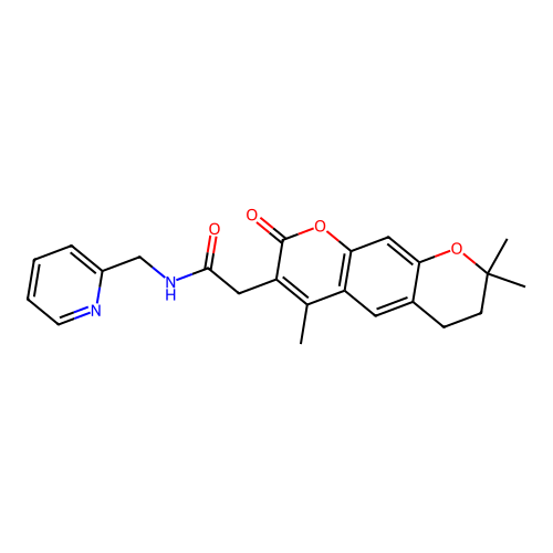 N-(pyridin-2-ylmethyl)-2-(4,8,8-trimethyl-2-oxo-2,6,7,8-tetrahydropyrano[3,2-g]chromen-3-yl)acetamide structure