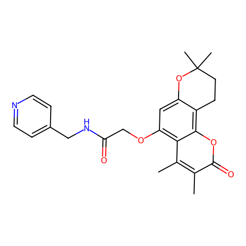 N-(pyridin-4-ylmethyl)-2-((3,4,8,8-tetramethyl-2-oxo-2,8,9,10-tetrahydropyrano[2,3-f]chromen-5-yl)oxy)acetamide structure