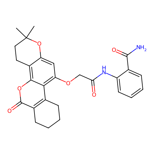 2-(2-((2,2-dimethyl-6-oxo-2,3,4,6,7,8,9,10-octahydrobenzo[c]pyrano[2,3-h]chromen-11-yl)oxy)acetamido)benzamide structure