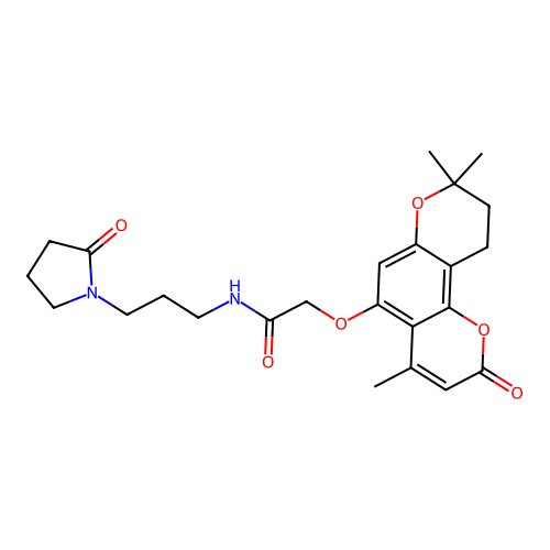 N-(3-(2-oxopyrrolidin-1-yl)propyl)-2-((4,8,8-trimethyl-2-oxo-2,8,9,10-tetrahydropyrano[2,3-f]chromen-5-yl)oxy)acetamide structure