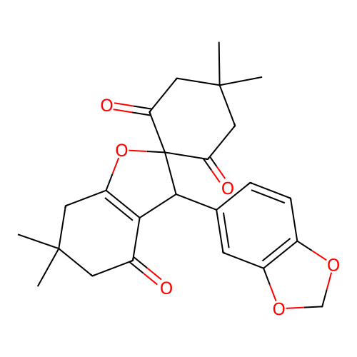 3-(1,3-benzodioxol-5-yl)-5',5',6,6-tetramethylspiro[5,7-dihydro-3H-1-benzofuran-2,2'-cyclohexane]-1',3',4-trione structure