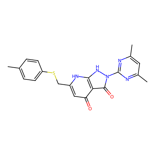 2-(4,6-dimethylpyrimidin-2-yl)-6-{[(4-methylphenyl)sulfanyl]methyl}-1H-pyrazolo[3,4-b]pyridine-3,4(2H,7H)-dione structure