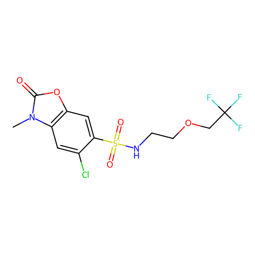 5-chloro-3-methyl-2-oxo-N-[2-(2,2,2-trifluoroethoxy)ethyl]-2,3-dihydro-1,3-benzoxazole-6-sulfonamide structure
