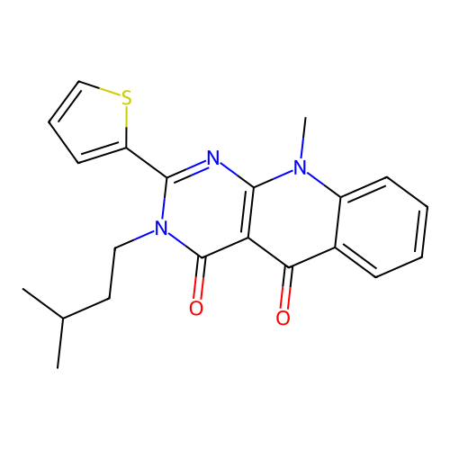 10-methyl-3-(3-methylbutyl)-2-(thiophen-2-yl)pyrimido[4,5-b]quinoline-4,5(3H,10H)-dione structure