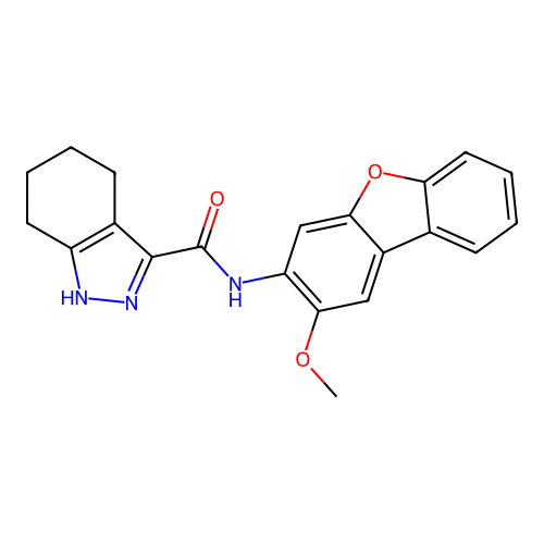 N-(2-methoxydibenzo[b,d]furan-3-yl)-4,5,6,7-tetrahydro-1H-indazole-3-carboxamide structure