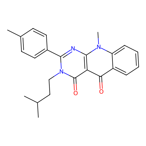 10-methyl-3-(3-methylbutyl)-2-(4-methylphenyl)pyrimido[4,5-b]quinoline-4,5(3H,10H)-dione structure