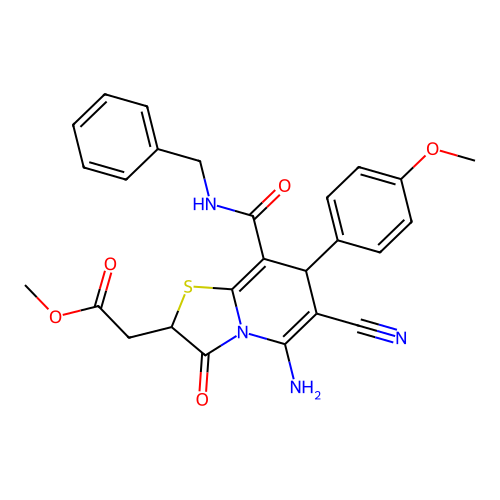 Methyl 5-amino-6-cyano-2,3-dihydro-7-(4-methoxyphenyl)-3-oxo-8-[[(phenylmethyl)amino]carbonyl]-7H-thiazolo[3,2-a]pyridine-2-acetate structure