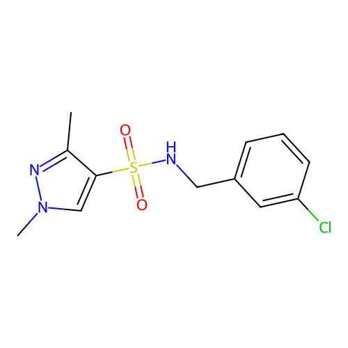 N-[(3-chlorophenyl)methyl]-1,3-dimethylpyrazole-4-sulfonamide structure