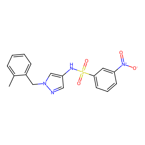 N-[1-[(2-methylphenyl)methyl]pyrazol-4-yl]-3-nitrobenzenesulfonamide structure