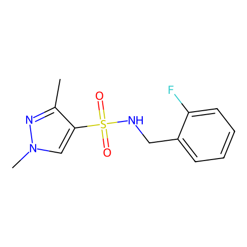 N-[(2-fluorophenyl)methyl]-1,3-dimethylpyrazole-4-sulfonamide structure