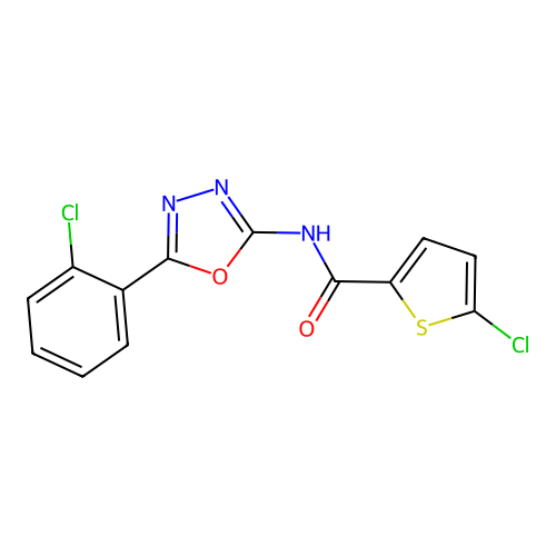5-chloro-N-[5-(2-chlorophenyl)-1,3,4-oxadiazol-2-yl]thiophene-2-carboxamide structure
