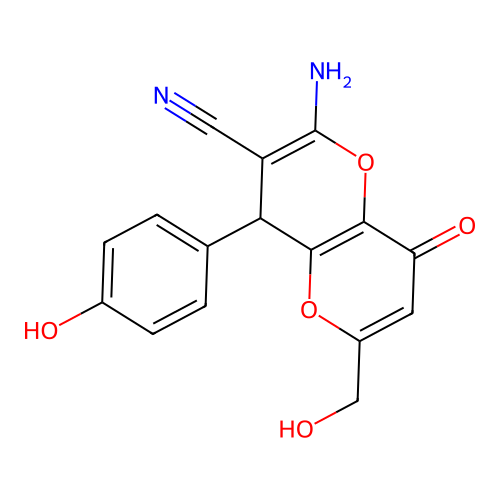 2-amino-6-(hydroxymethyl)-4-(4-hydroxyphenyl)-8-oxo-4,8-dihydropyrano[3,2-b]pyran-3-carbonitrile structure