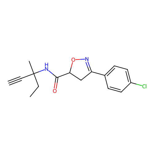 3-(4-chlorophenyl)-N-(3-methylpent-1-yn-3-yl)-4,5-dihydro-1,2-oxazole-5-carboxamide structure