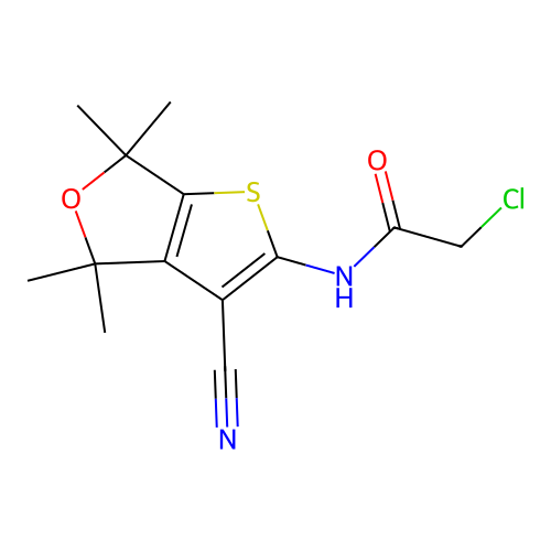 2-chloro-N-(3-cyano-4,4,6,6-tetramethyl-4,6-dihydrothieno[2,3-c]furan-2-yl)acetamide structure