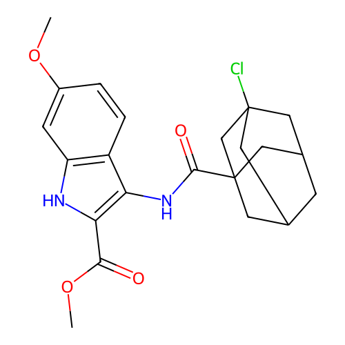 methyl 3-[(3-chloroadamantane-1-carbonyl)amino]-6-methoxy-1H-indole-2-carboxylate structure
