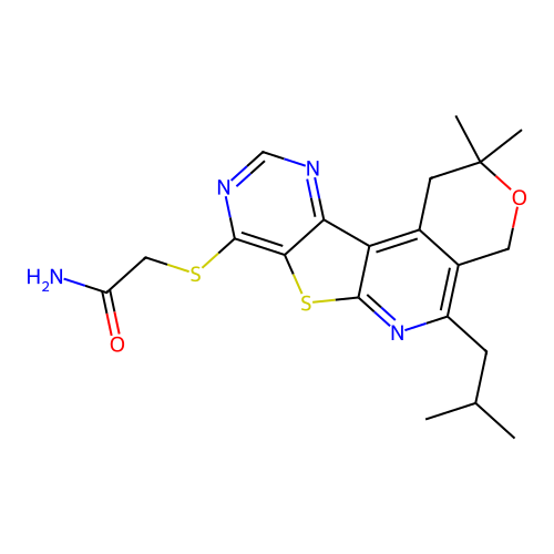 2-((5-isobutyl-2,2-dimethyl-2,4-dihydro-1H-pyrano[4'',3'':4',5']pyrido[3',2':4,5]thieno[3,2-d]pyrimidin-8-yl)thio)acetamide structure