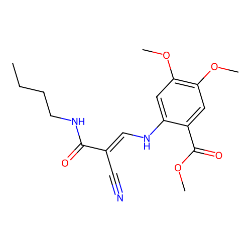 methyl 2-{[(1Z)-2-(butylcarbamoyl)-2-cyanoeth-1-en-1-yl]amino}-4,5-dimethoxybenzoate structure