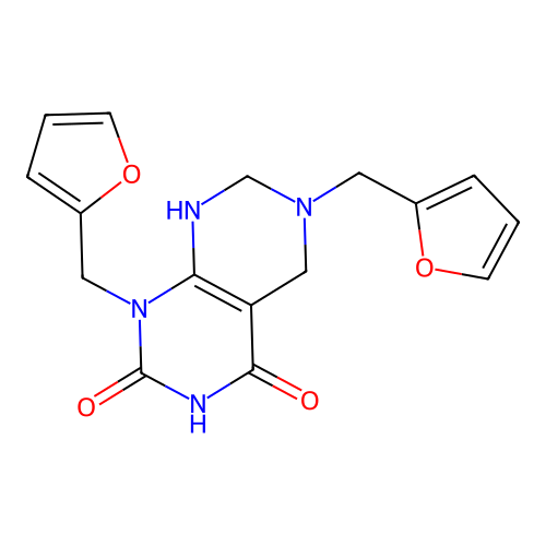 1,6-bis(furan-2-ylmethyl)-5,6,7,8-tetrahydropyrimido[4,5-d]pyrimidine-2,4(1H,3H)-dione structure
