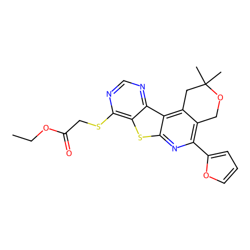 (5-Furan-2-yl-2,2-dimethyl-1,4-dihydro-2H-3-oxa-7-thia-6,9,11-triaza-benzo[c]fluoren-8-ylsulfanyl)-aceti c acid ethyl ester structure