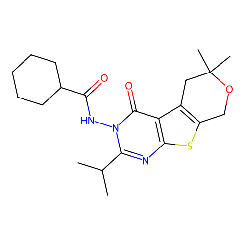 N-(2-isopropyl-6,6-dimethyl-4-oxo-4,5,6,8-tetrahydro-3H-pyrano[4',3':4,5]thieno[2,3-d]pyrimidin-3-yl)cyclohexanecarboxamide structure