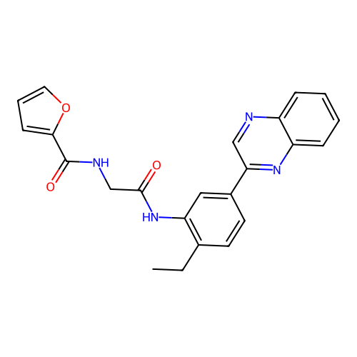 N-(2-((2-ethyl-5-(quinoxalin-2-yl)phenyl)amino)-2-oxoethyl)furan-2-carboxamide structure