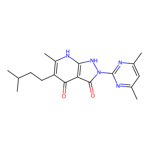 2-(4,6-dimethylpyrimidin-2-yl)-6-methyl-5-(3-methylbutyl)-1H-pyrazolo[3,4-b]pyridine-3,4(2H,7H)-dione structure