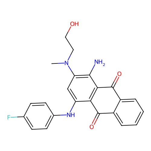 1-amino-4-((4-fluorophenyl)amino)-2-((2-hydroxyethyl)(methyl)amino)anthracene-9,10-dione structure