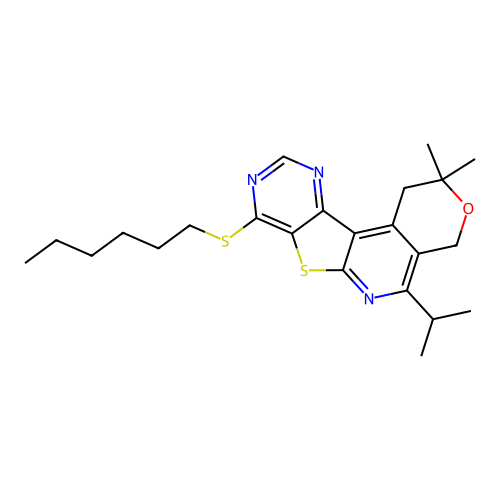8-(hexylsulfanyl)-2,2-dimethyl-5-(propan-2-yl)-1,4-dihydro-2H-pyrano[4'',3'':4',5']pyrido[3',2':4,5]thieno[3,2-d]pyrimidine structure